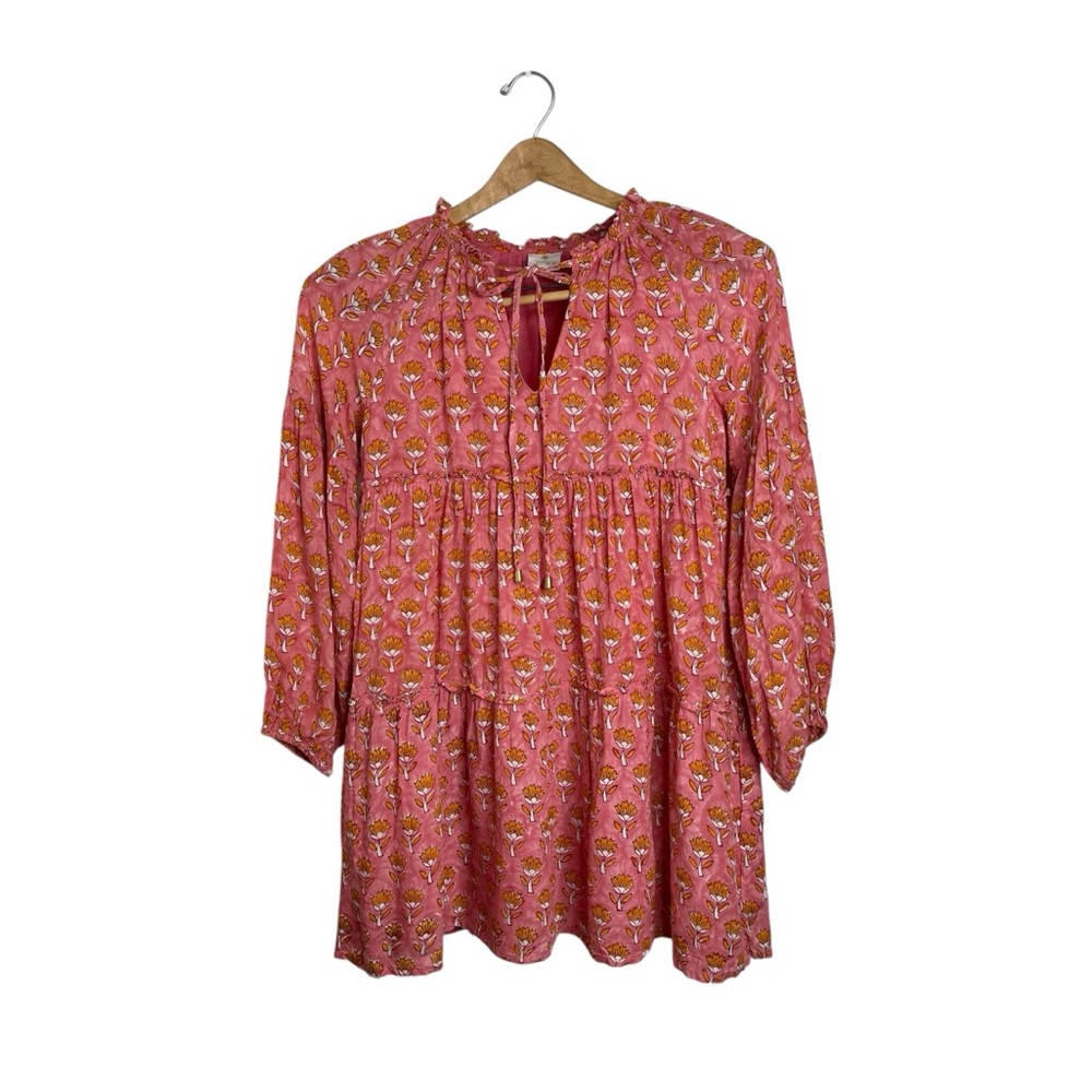 J.MARIE Pink Long Puff Sleeve Floral Ruffle Tiered Dress Size XS Cottagecore